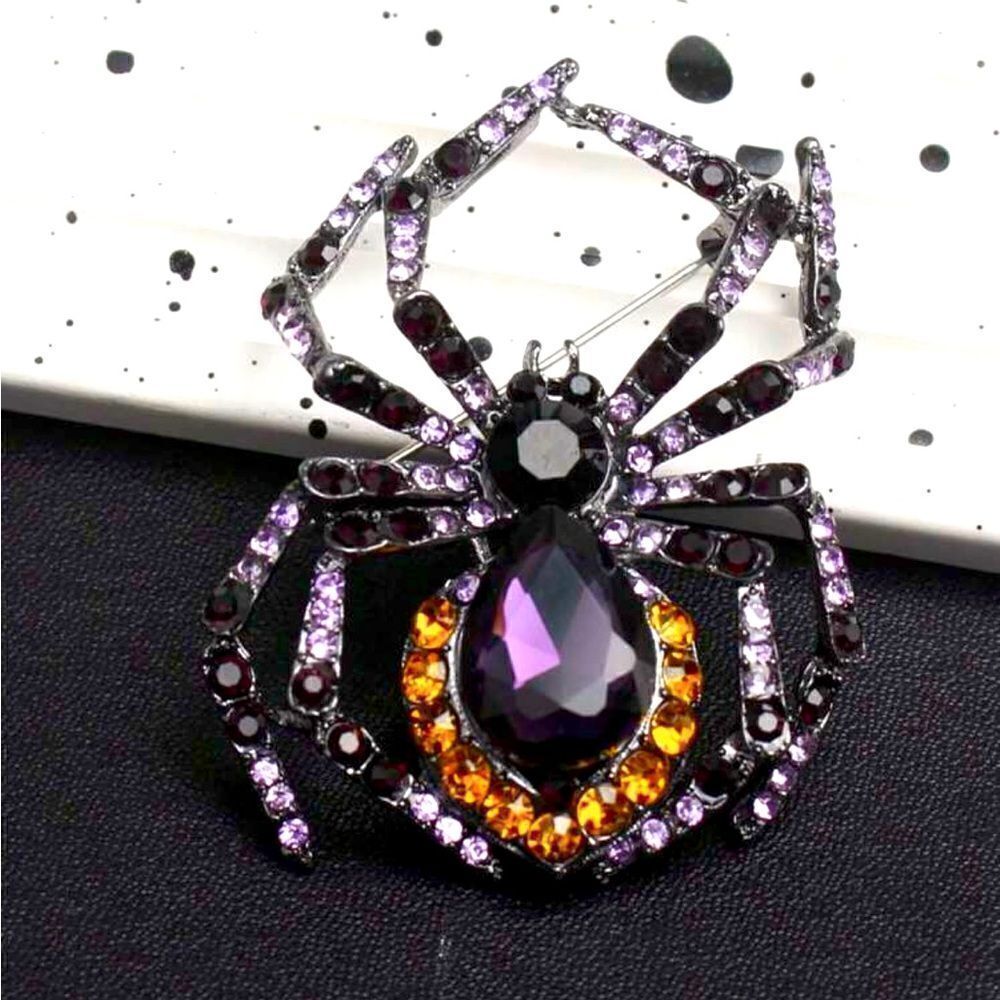 On HOLD Gothic Rhinestone Spider Brooch, Black, Orange, and Purple, Dark W… - Picture 3 of 3